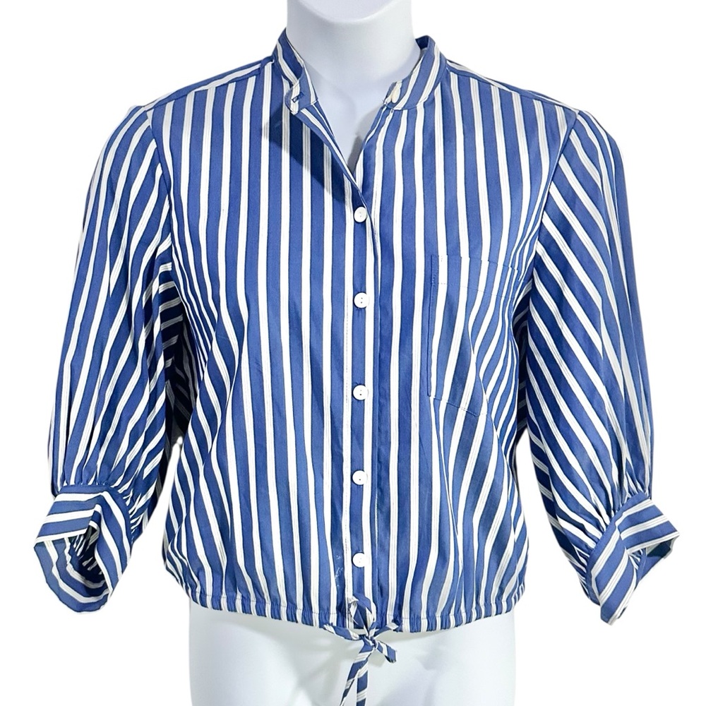 Karen Kane Women's Blue & White Stripe Tie Waist Top - M - Picture 3 of 7